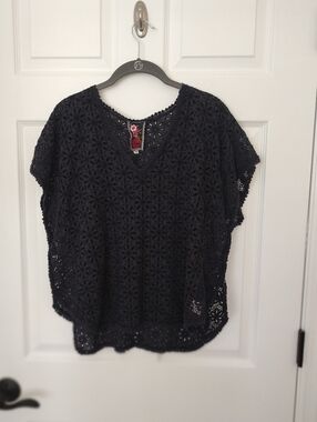 Johnny Was Eyelet Top Navy Blue Cotton M